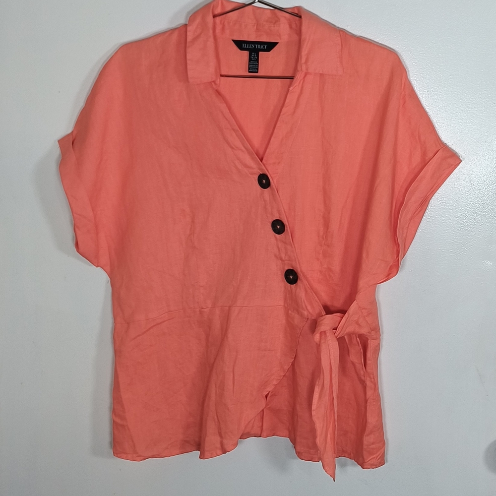 Ellen Tracy 100% Linen  Collared Coral Wrap Side Tie blouse Women's Size Large